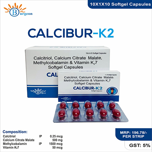 Calcibur-K2 : Calcitriol IP 0.25mcg, Calcium Citrate Malate 500 mg, Methylcobalamin IP 1500 mcg, Vitamin K27 50mcg Softgel Capsules | Burgeon Health Series