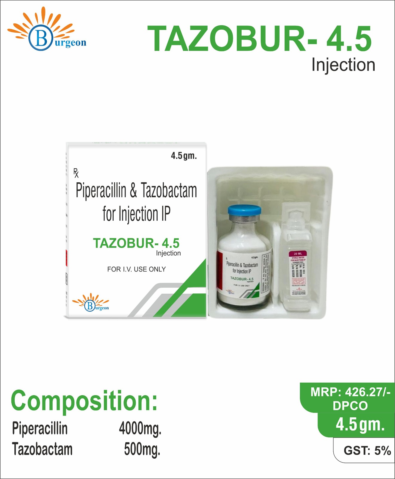 Tazobur-4.5 : Piperacillin 4000mg + Tazobactam 500Mg | Burgeon Health Series