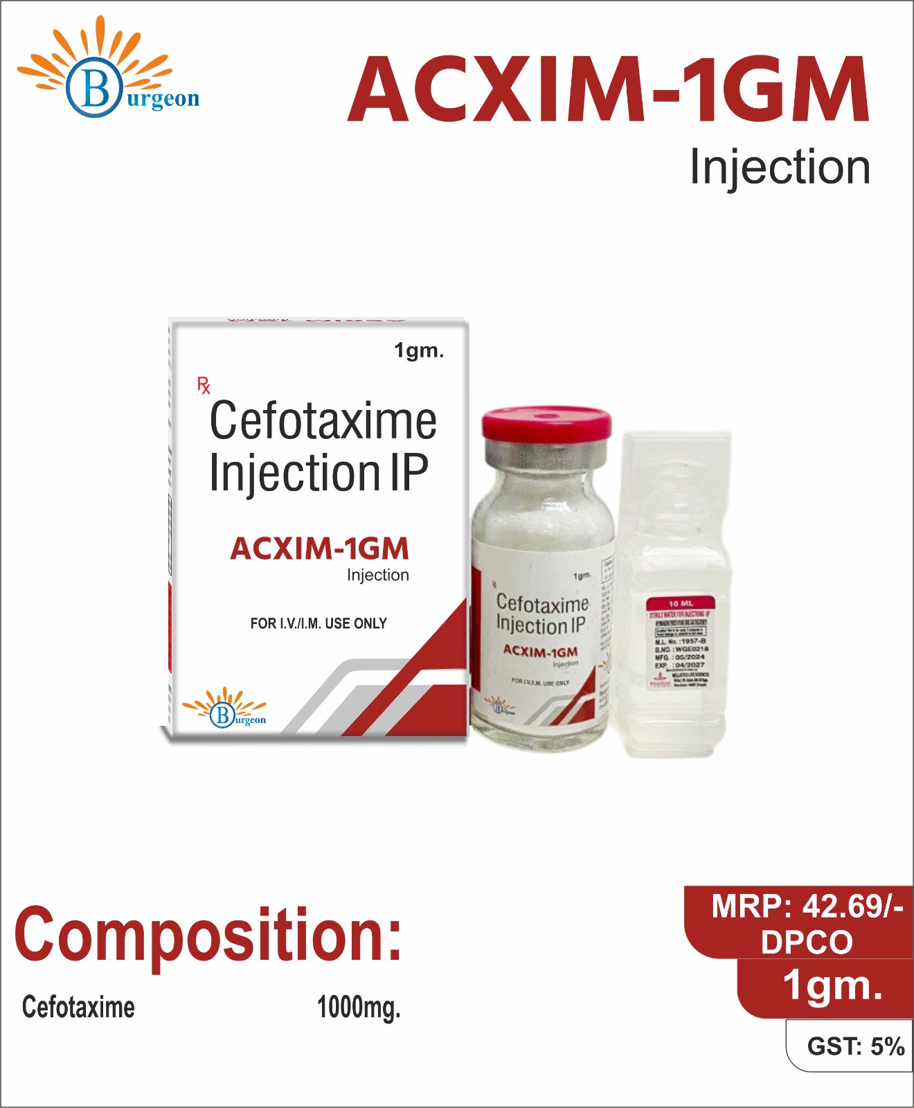 Acxim-1GM : Cefotaxime 1000mg Injection IP | Burgeon Health Series