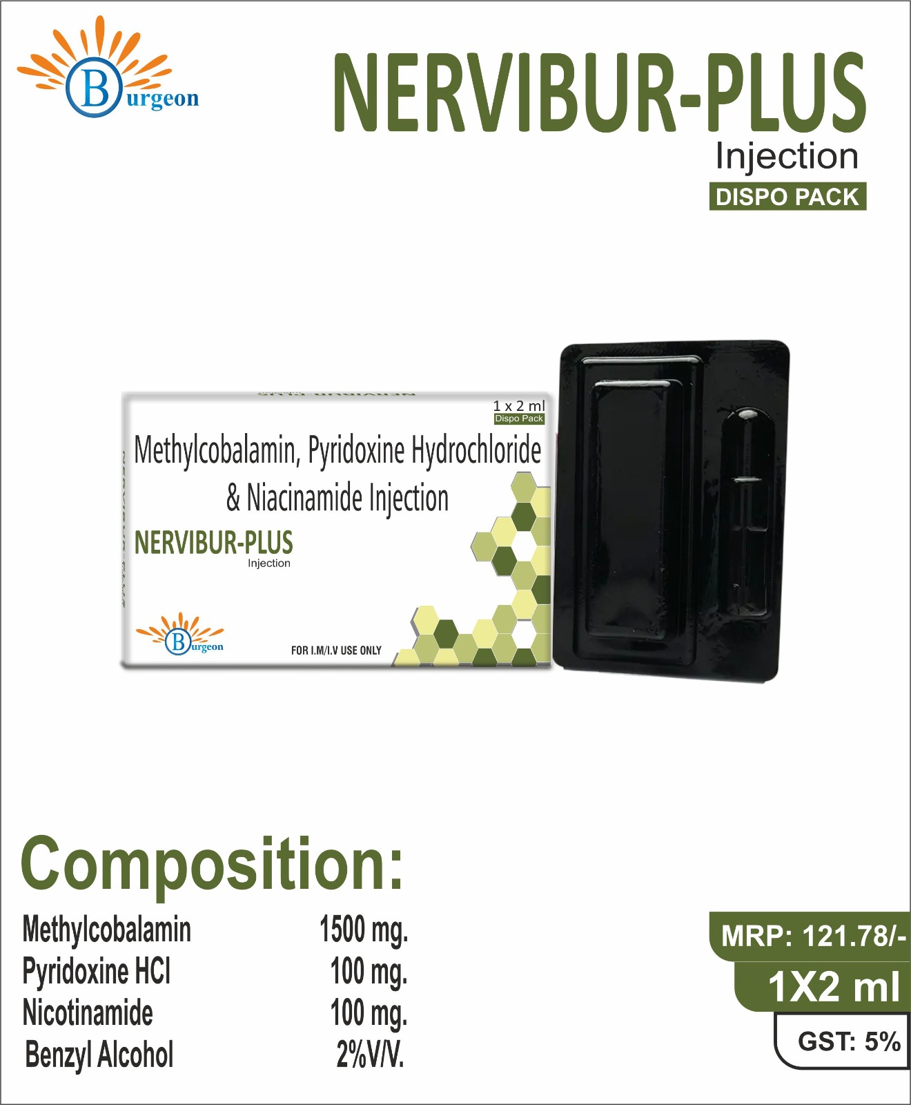 Nervibur-Plus : Methylcobalamin 1500Mcg+Pyridoxine 100Mg + Nicotinamide 100Mg Inj (5Mlx1) | Burgeon Health Series
