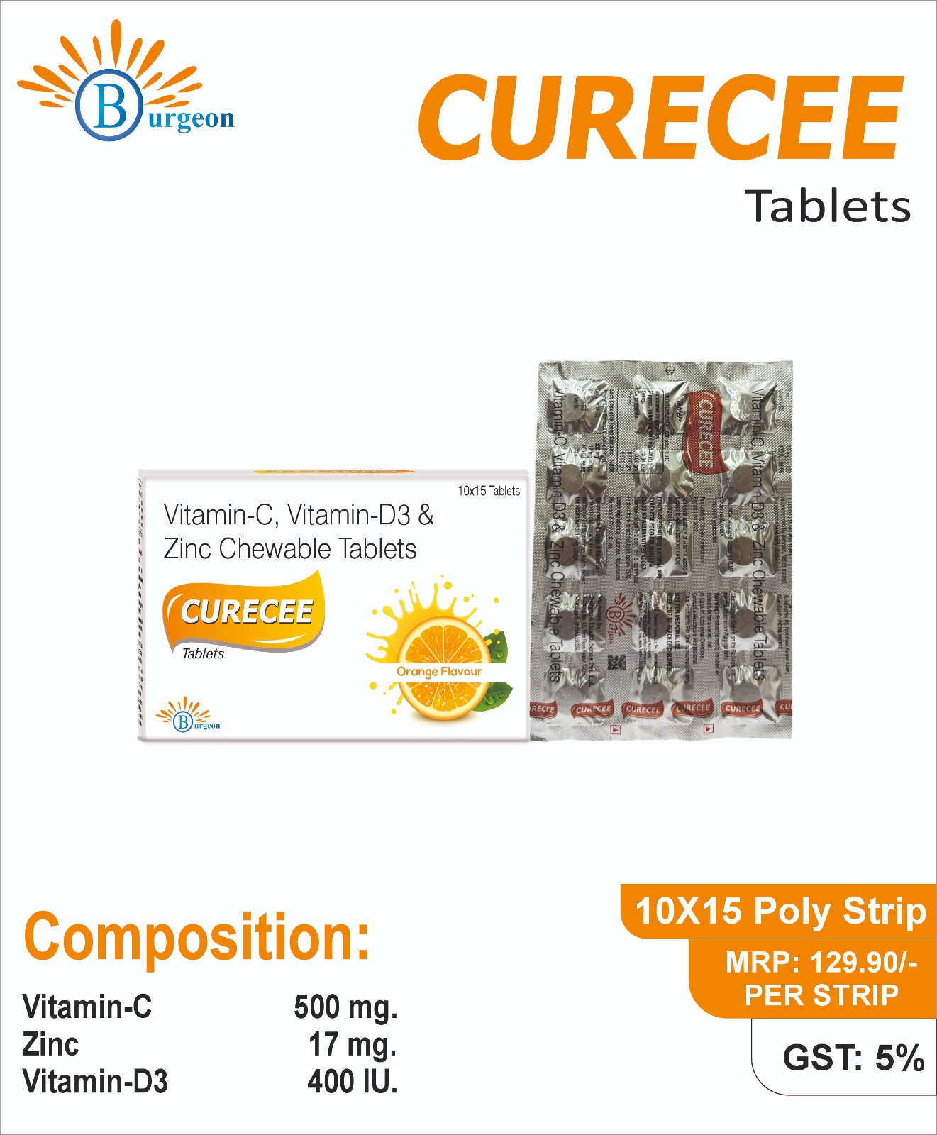 Curecee Tablet : Vitamin-C 500mg, Vitamin-D3 400 IU & Zinc 17mg Chewable Tablets | Burgeon Health Series