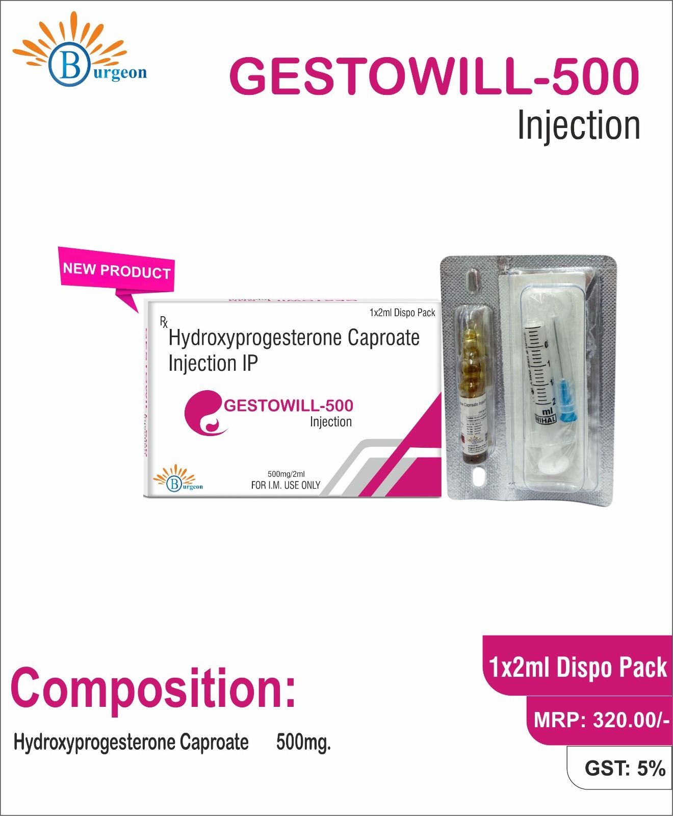 Gestowill-500 : Hydroxyprogesterone Caproate Injection IP 500mg | Burgeon Health Series