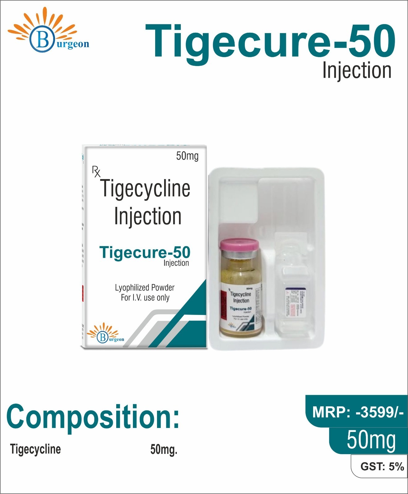 Tigecure-50 :  Tigecycline 50mg | Burgeon Health Series