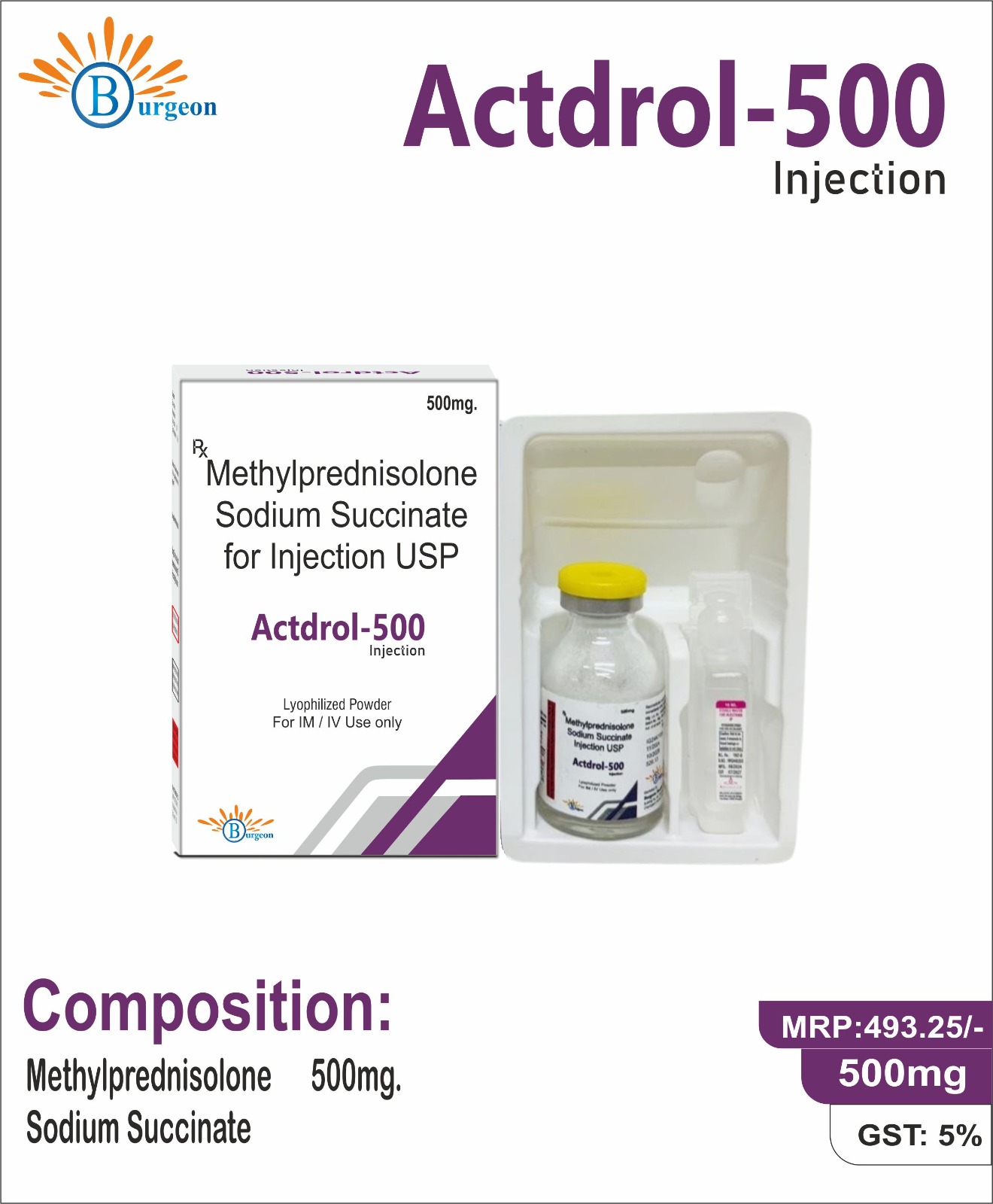 Actdrol-500 : Methylprednisolone Sodium Succinate for Injection USP 500mg | Burgeon Health Series