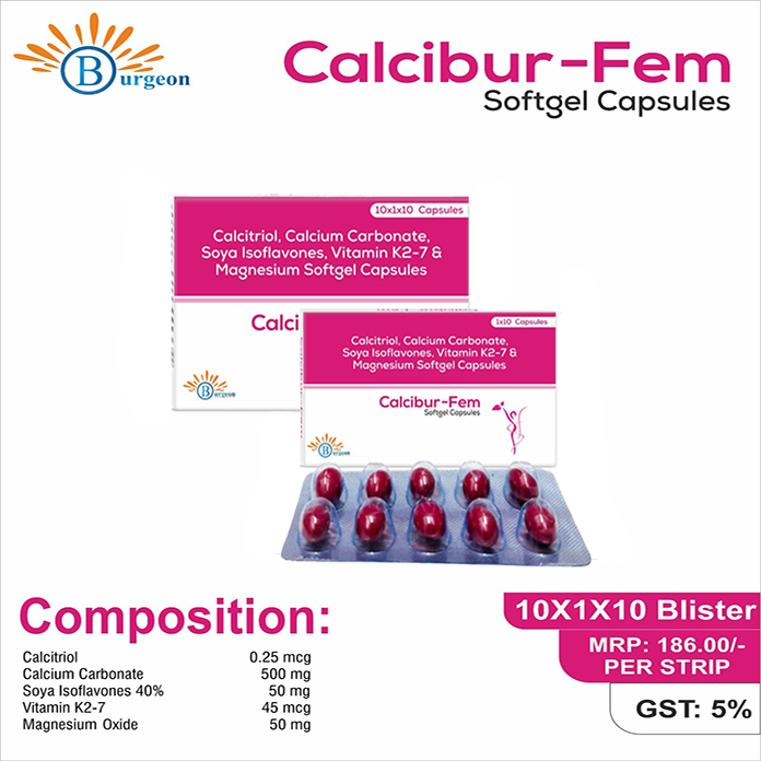 Calcibur-Fem : Calcitriol 0.25mcg, Calcium Carbonate 550mg, Soya Isoflavones 50mg, Vitamin K2-7 45mcg & Magnesium 50mg Softgel Capsules | Burgeon Health Series