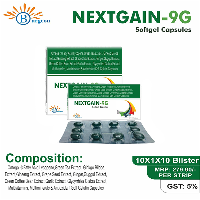 Nextgain-9G : Omega-3 Fatty Acid, Lycopene, Green Tea Extract, Ginkgo Biloba Extract, Ginseng Extract, Grape Seed Extract, Ginger, Guggul Extract, Green Coffee Bean Extract, Garlic Extract, Glycyrrhiza Glabra Extract, Multivitamins, Multiminerals & Antioxidant Soft Gelatin Capsules | Burgeon Health Series