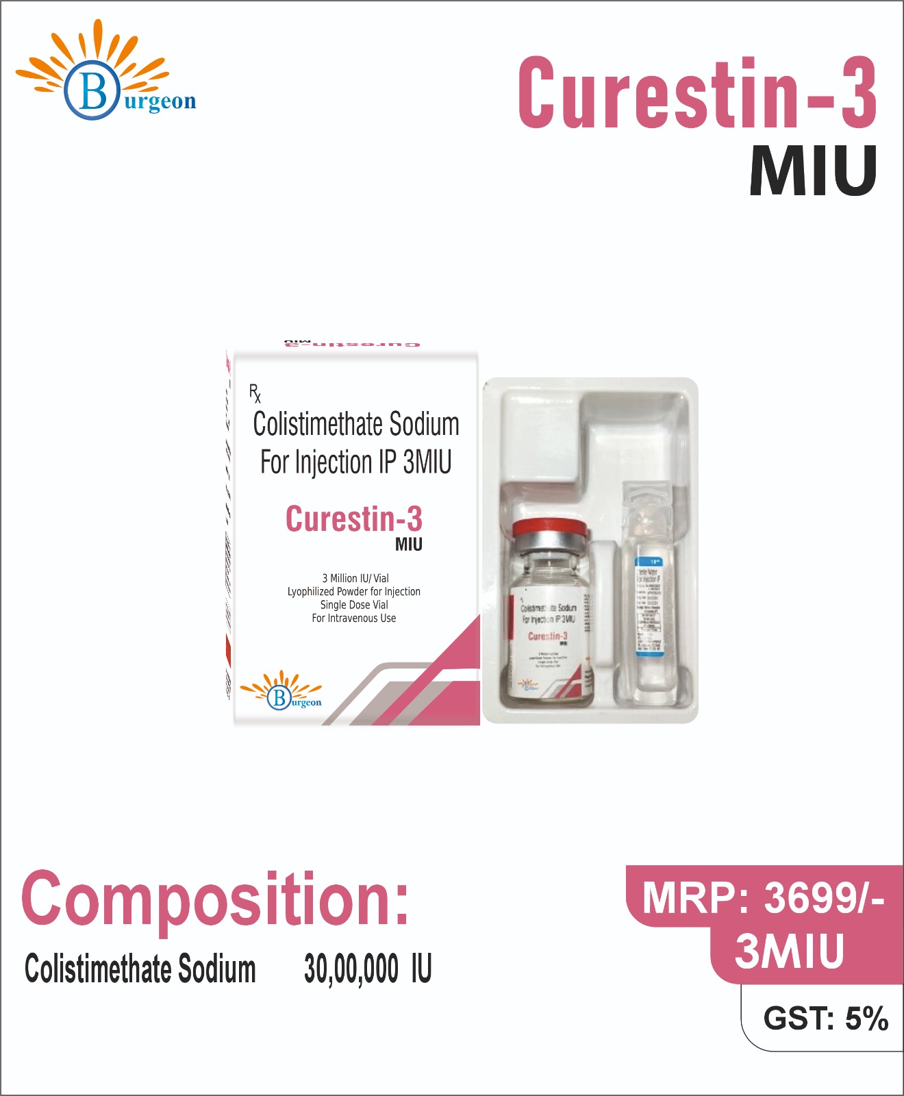 Curestin-3 MIU : Colistimethate Sodium 30,00,000 IU | Burgeon Health Series